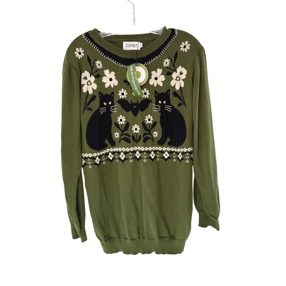OXKnit Sweaters - OXKNIT Halloween Sweater Women's Green Black Cat Floral Bat Knit Crewneck Large